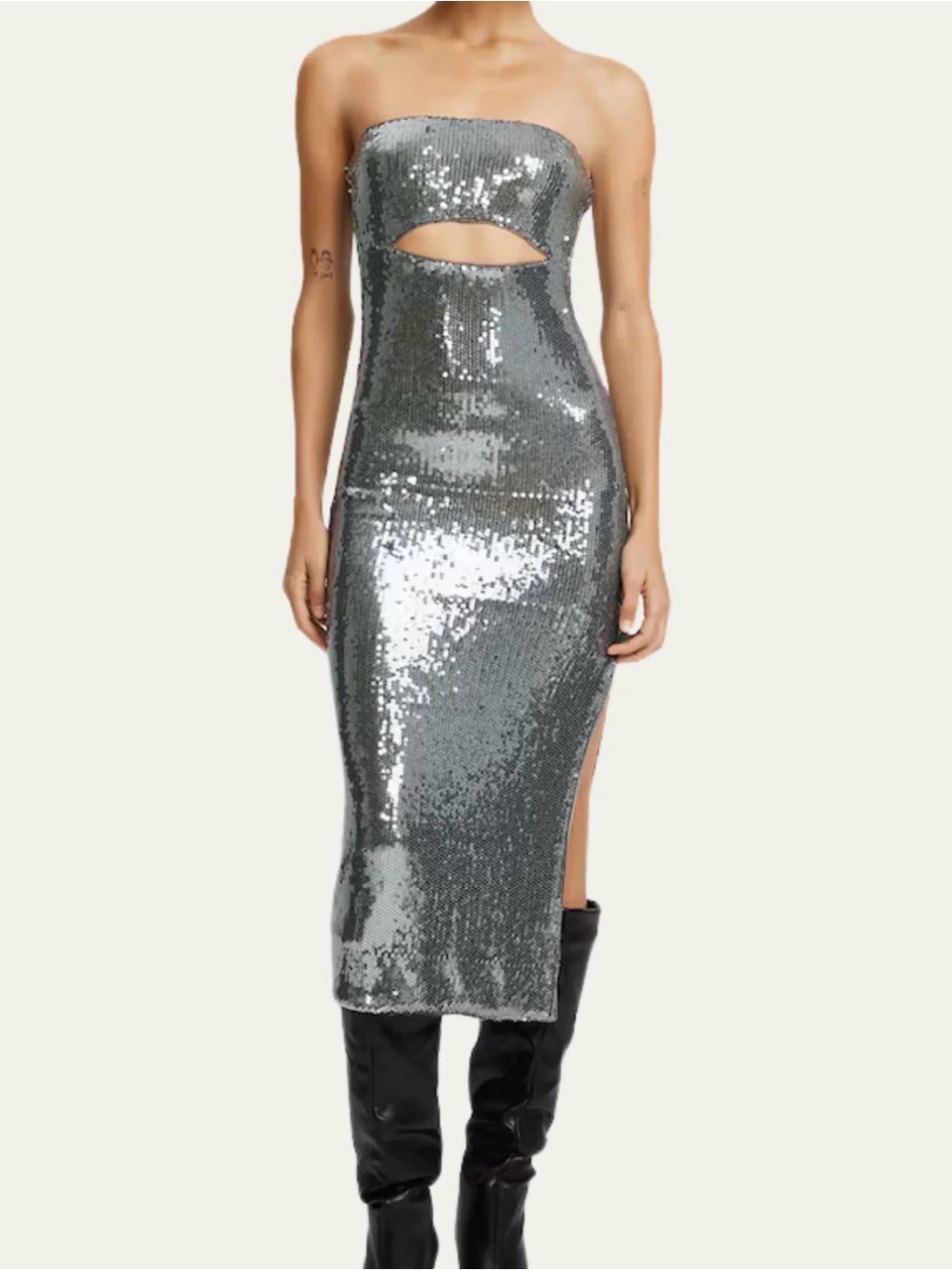 Strapless Silver Sequin Cutout Midi Dress